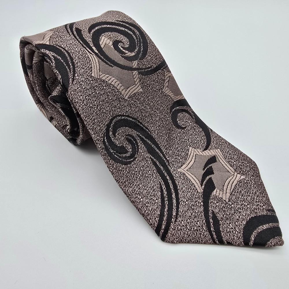 Van Heusen Mens Necktie Taupe Black Woven Swirl Geometric Pattern Polyester Tie
